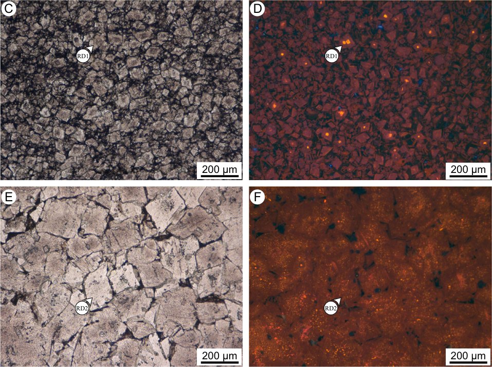 Four photomicrographs in plane light and cathodoluminescence distinguishing two generations of replacement dolomite crystals.