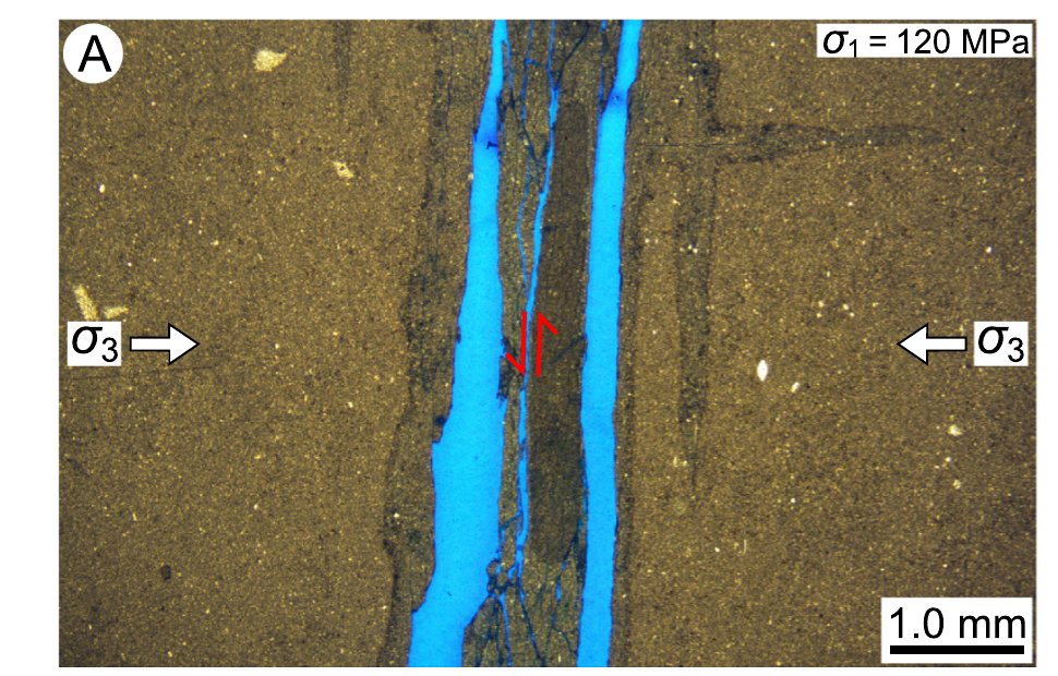 Photomicrograph of Solnhofen limestone showing a blue dye-impregnated tensile fracture with a small shear offset, viewed under plane-polarized light.